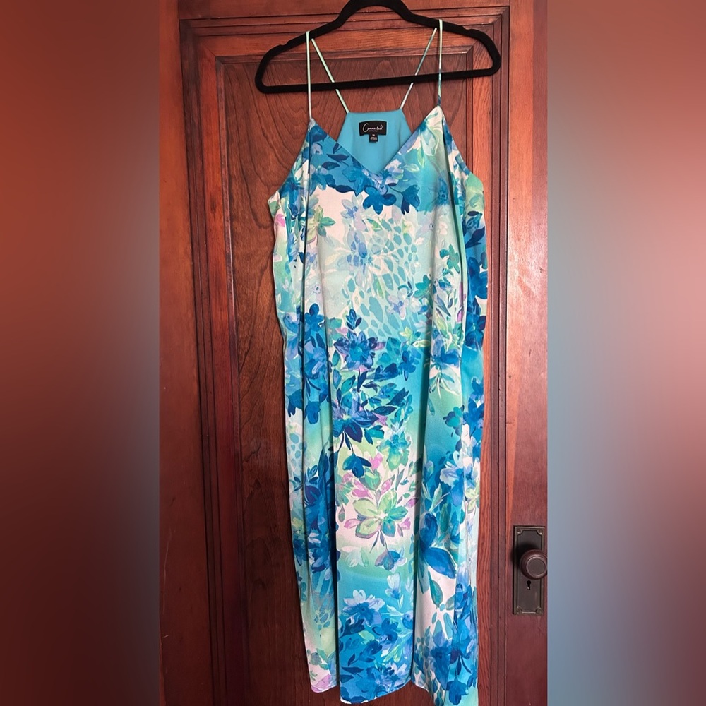 Connected Apparel Blue and Green Floral Midi Dress